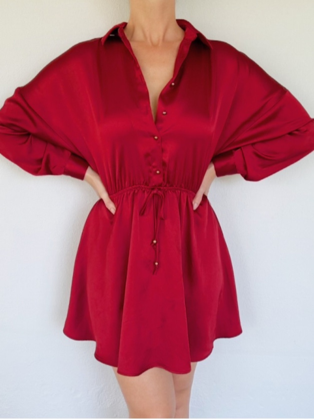 ZARA red satin collared elastic waist long sleeve collared dress size XS